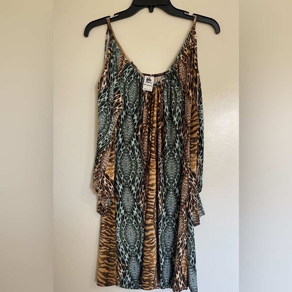 S-Twelve Long Sleeve Colder Shoulder Animal Print Knee Length Dress Sz M